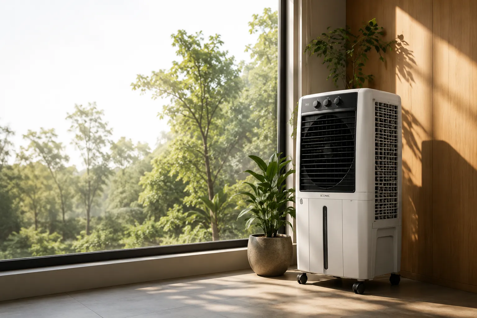 An ICONIC SMART air cooler beside a large window with greenery and a warm wooden wall