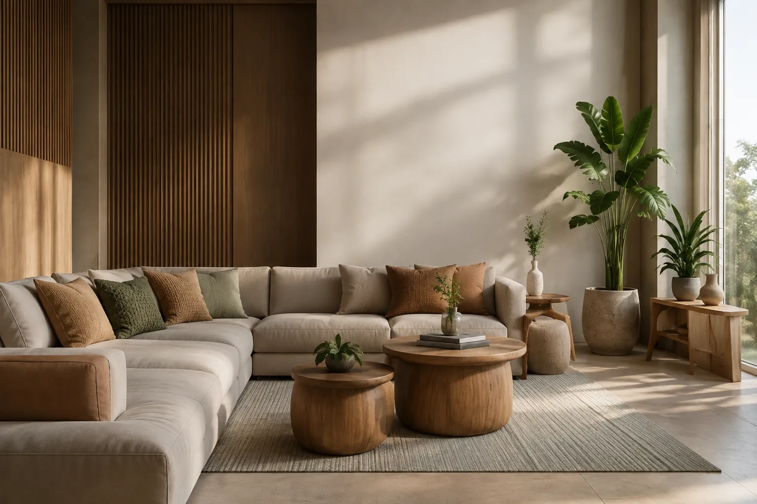 A warm, sunlit minimalist living room with a linen sofa, wooden furniture and plants