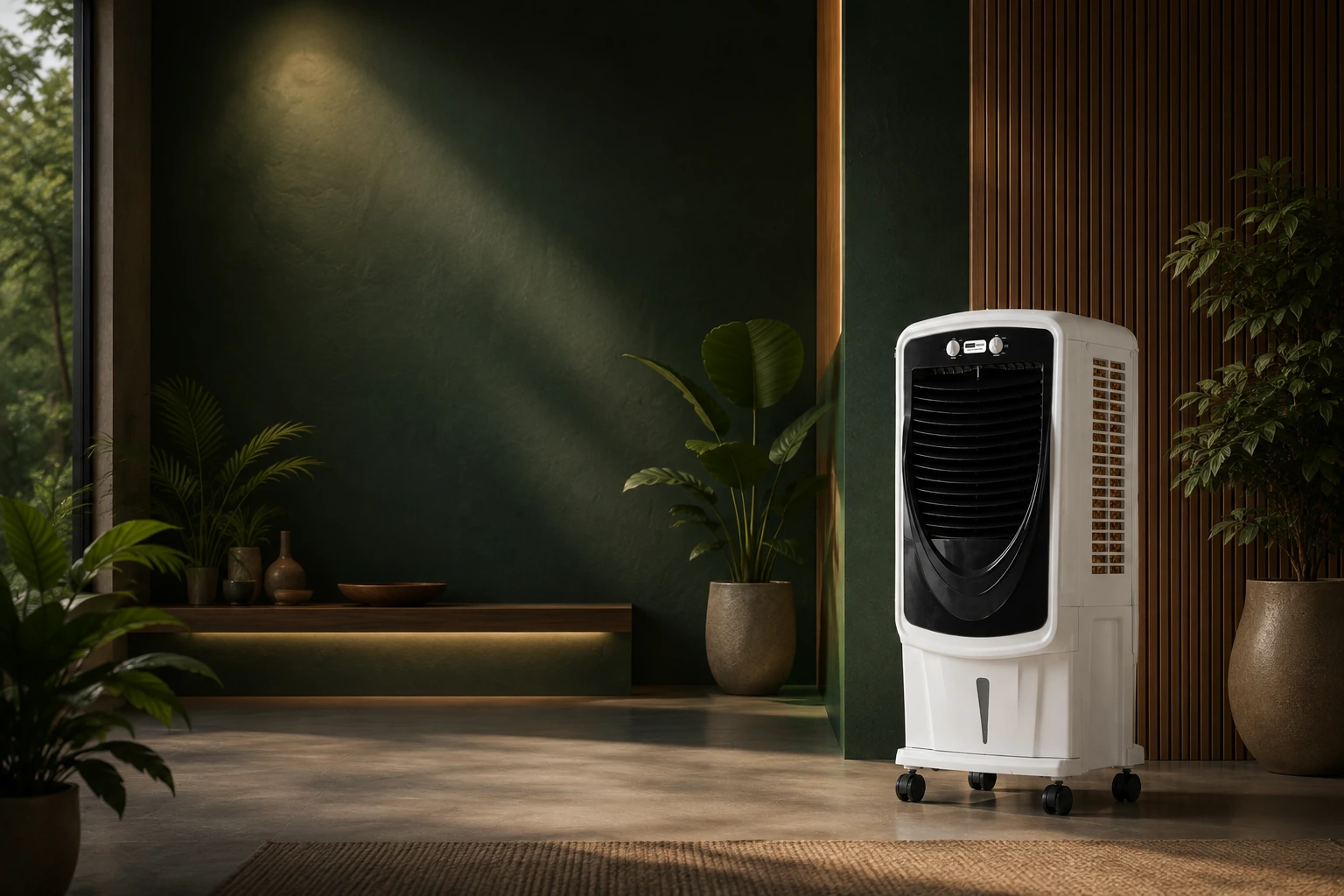An ICONIC SMART air cooler in a modern, plant-filled Indian living room with a deep green wall and warm natural light