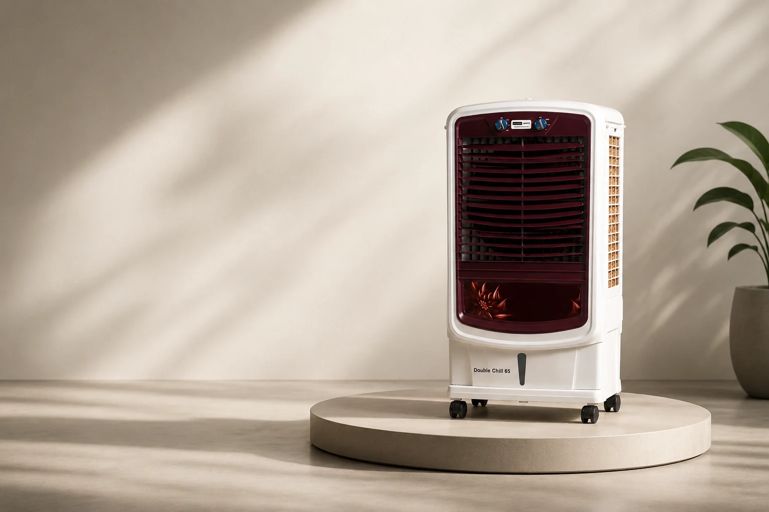 An ICONIC SMART Double Chill air cooler on a pedestal in a warm, sunlit room