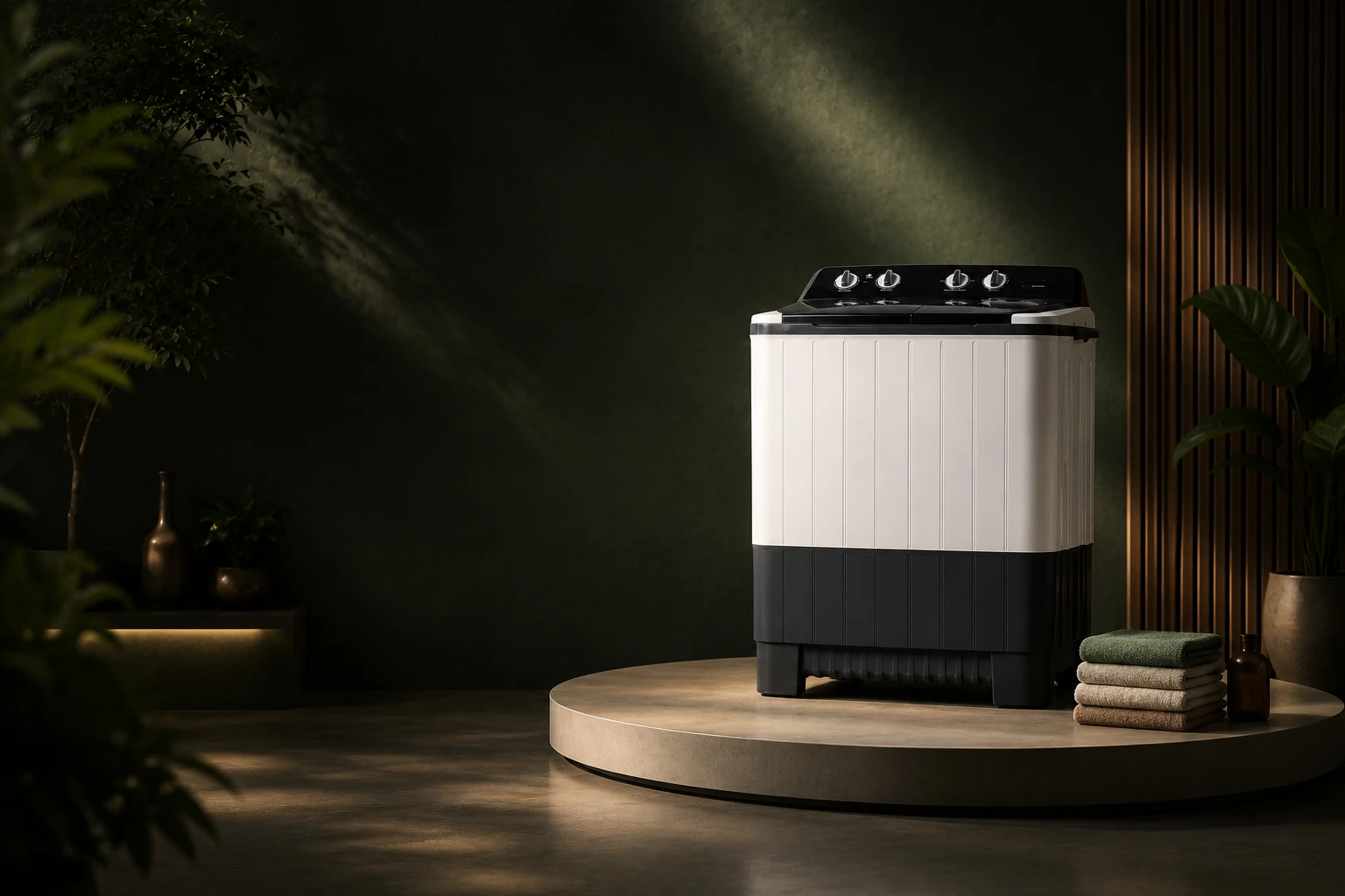 An ICONIC SMART semi-automatic washing machine on a pedestal in a dim, plant-filled room with warm light
